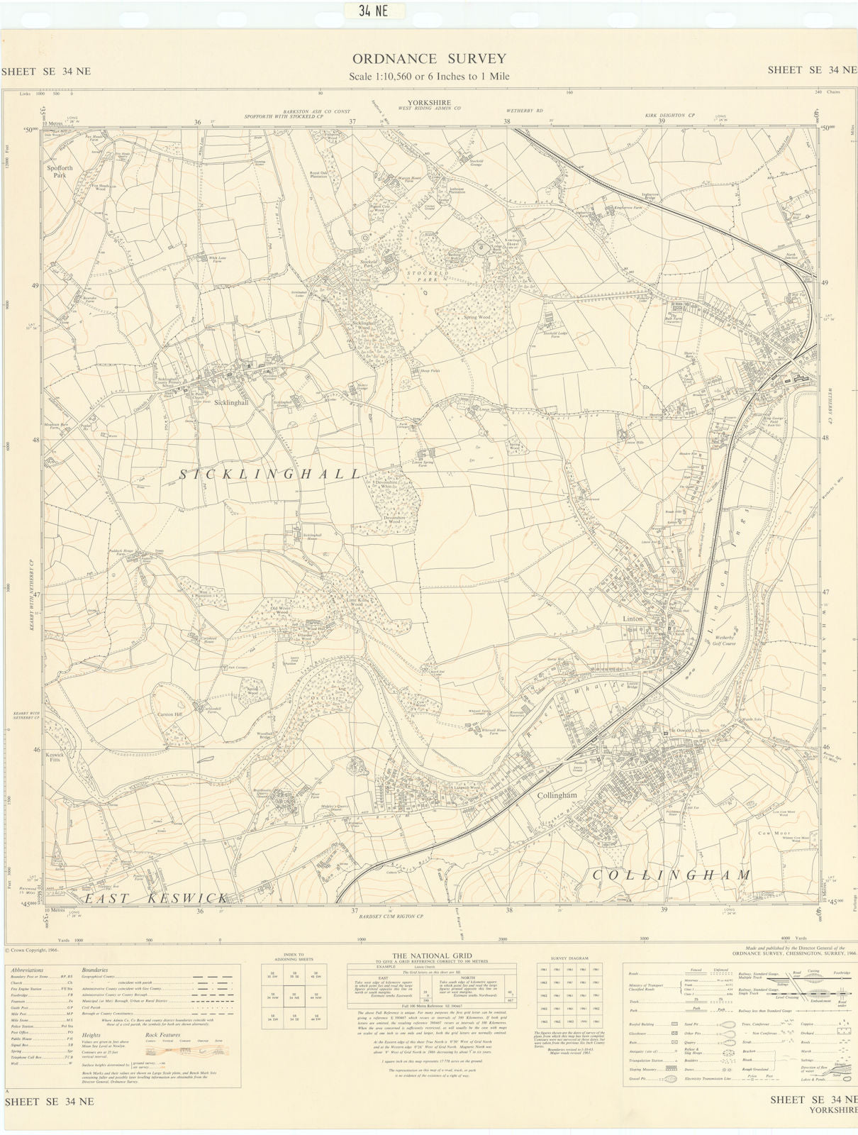 Ordnance Survey SE34NE Yorks Collingham Linton Sicklinghall Wetherby 1966 map